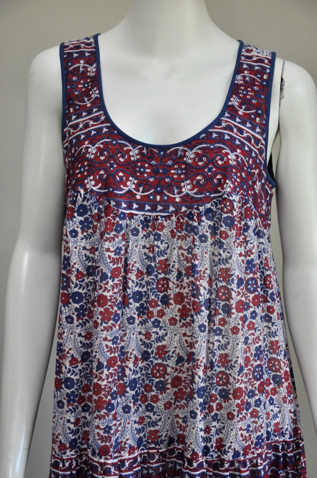 Vintage 1970s Red & Blue Floral Print Indian Cotton Tank Shift Dress Boho Hippie
