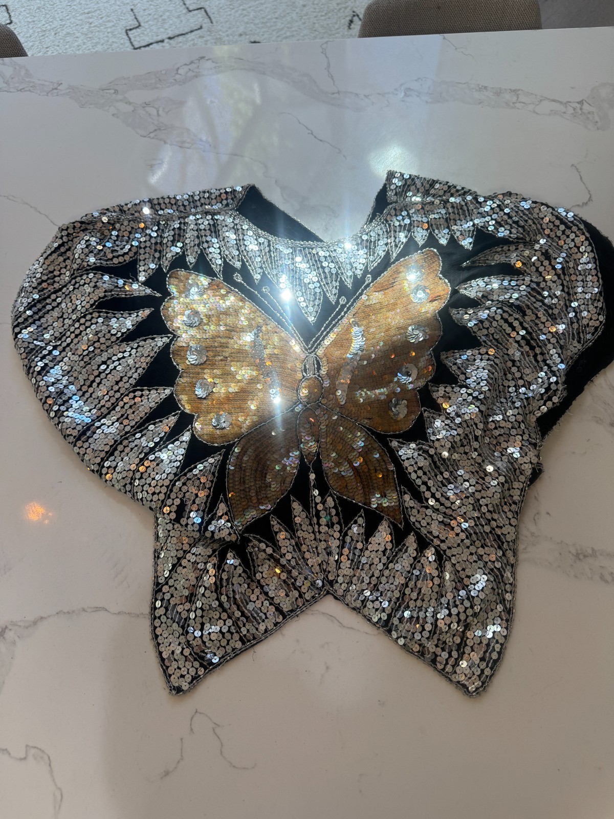 Vintage Sequin Butterfly Top Black Gold Silver Beaded Statement Festival