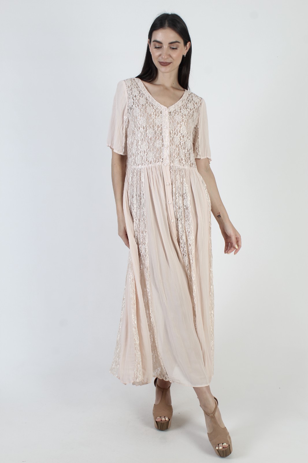 Vtg 90s Nude Gypsy Lace Grunge Dress Sundress Champagne Babydoll Sheer Maxi L