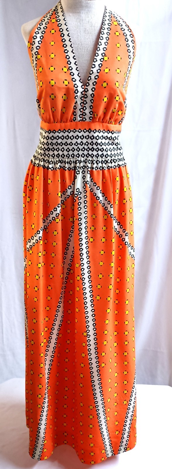 Vtg 60’s- 70s Kiva Ltd Orange Multi Dot Print Halter Maxi Dress Vintage Size 14