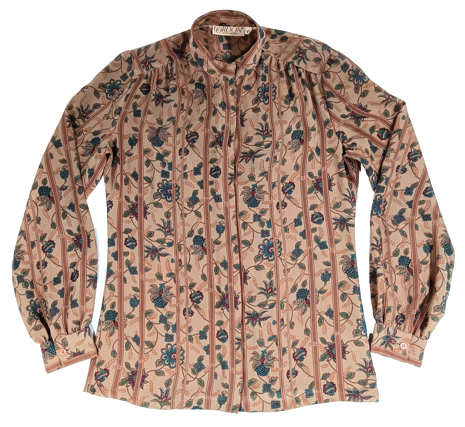 Gordon of Philadelphia Vintage Sz 6 70’s Mod Floral Semi-Sheer Brown Blouse Top