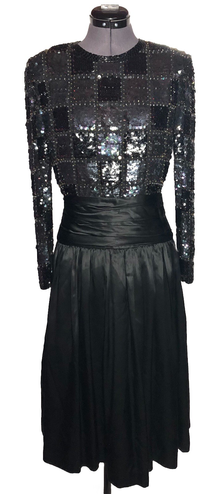 Vtg 80s Black Sequin Satin Formal Dress Disco Evening Gown 36-28-42