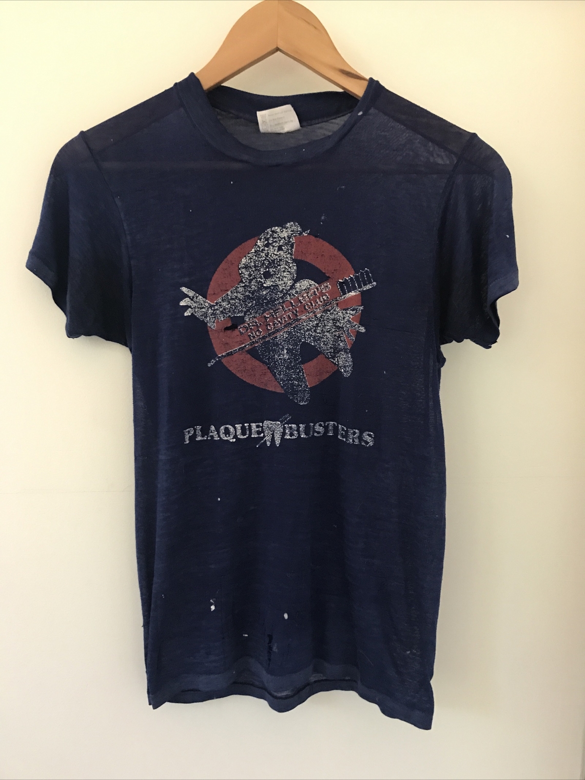 Vtg 80s Paper Thin Plaquebusters Dr Hellers No Cavity Club Navy T Shirt S 32″