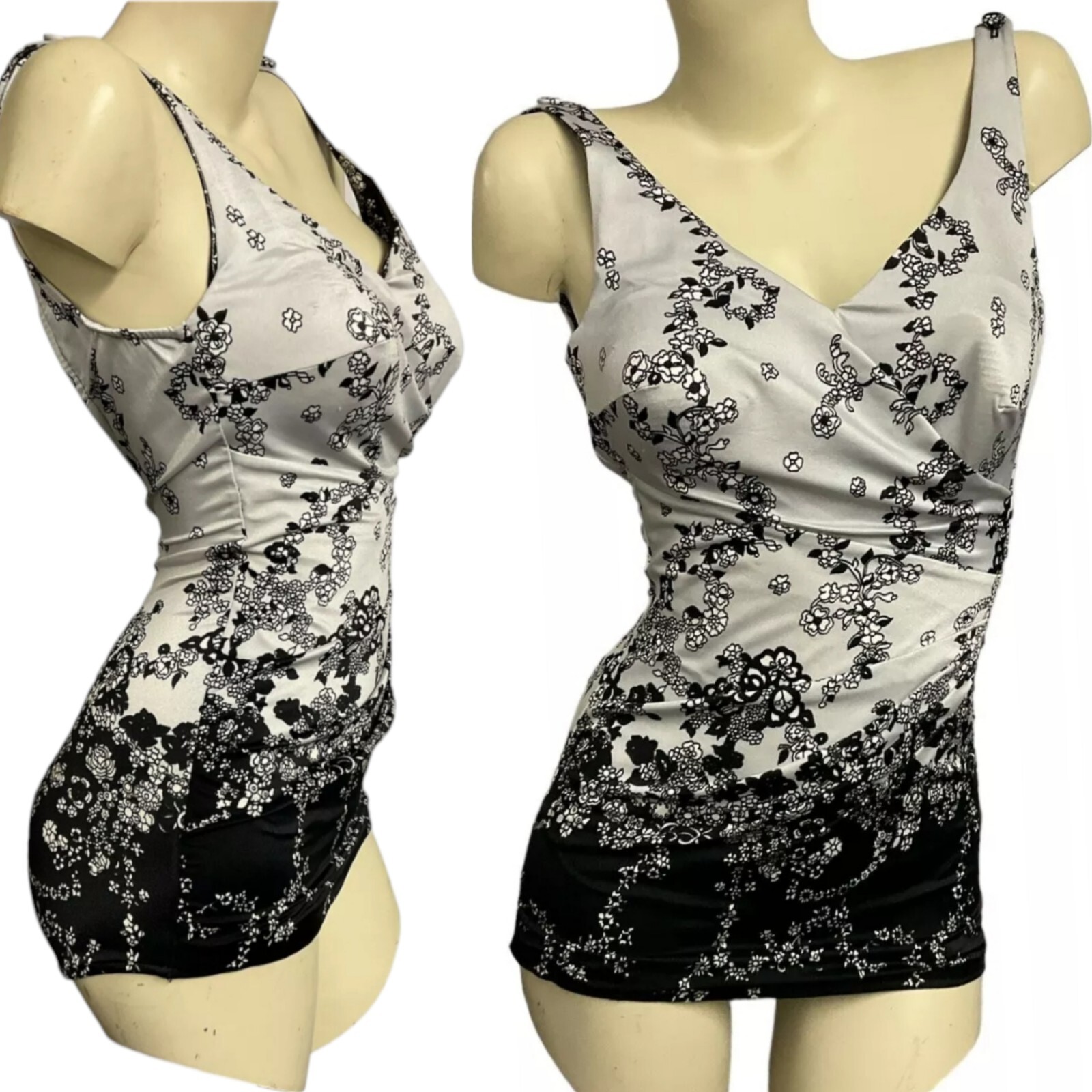 Vtg 70s Swimsuit S/M Pin Up Skirt Malliot Modest Roxanne Floral Gray Black White