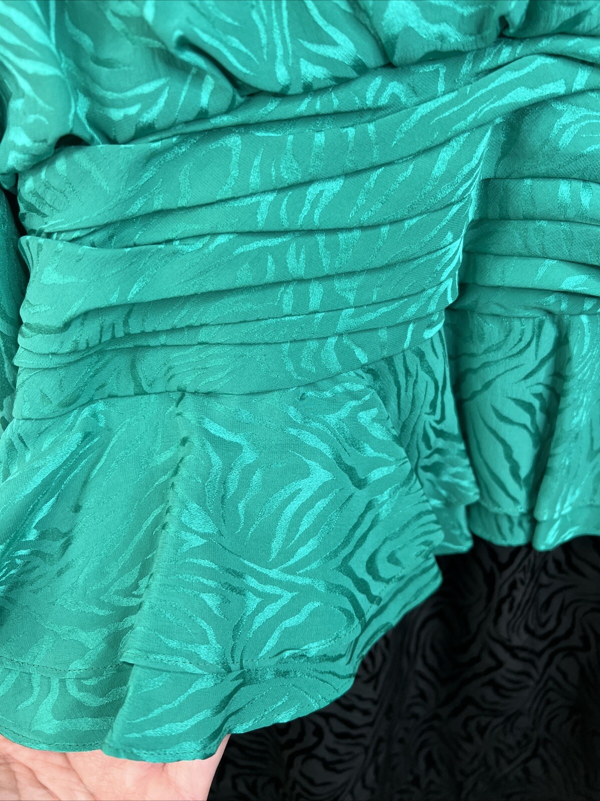 Vintage 1980s Silk Studio 100% Silk Green Black Peplum Dress Size 12 Petite