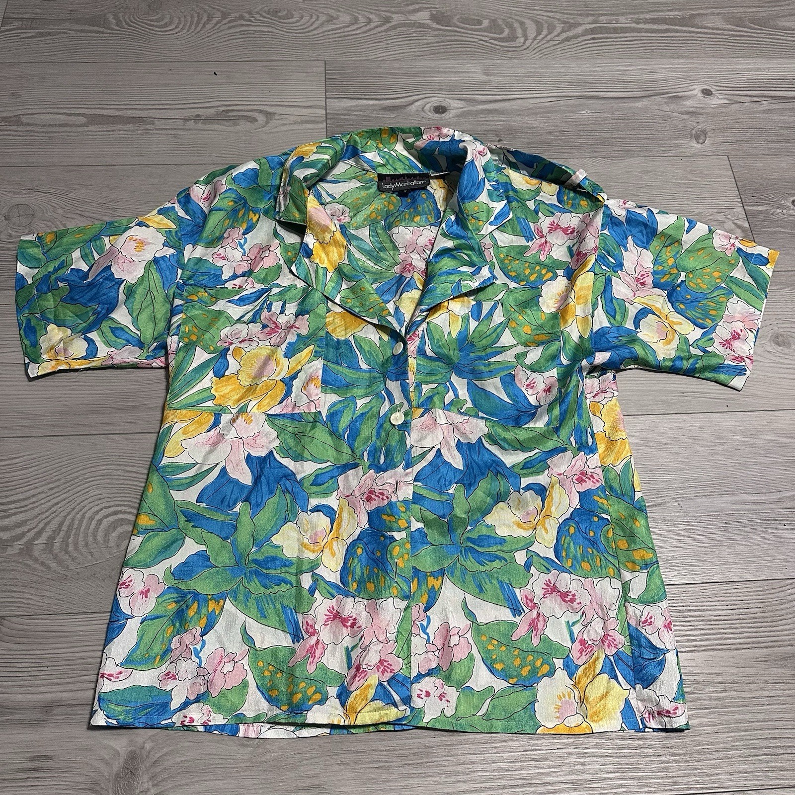 Vintage 80s Lady Manhattan Floral Print Button-up Shirt Green Blue Pink, Sz 10