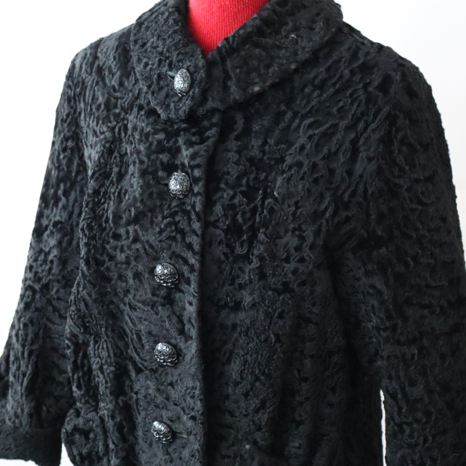 Vintage Black Persian Lamb Fur Jacket Shawl Collar 3/4 Sleeves Sz Small/Med