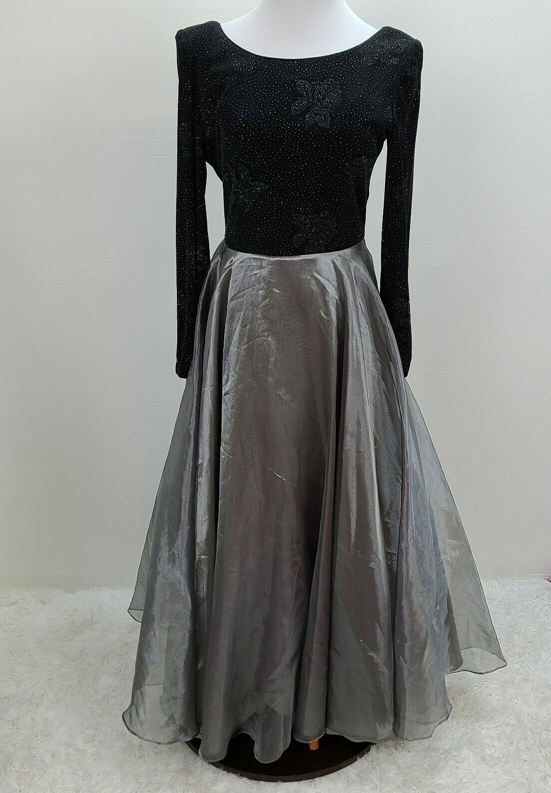 Vintage Dave & Johnny Dress 12 Black Glitter Silver Long Sleeve Open Back Zip