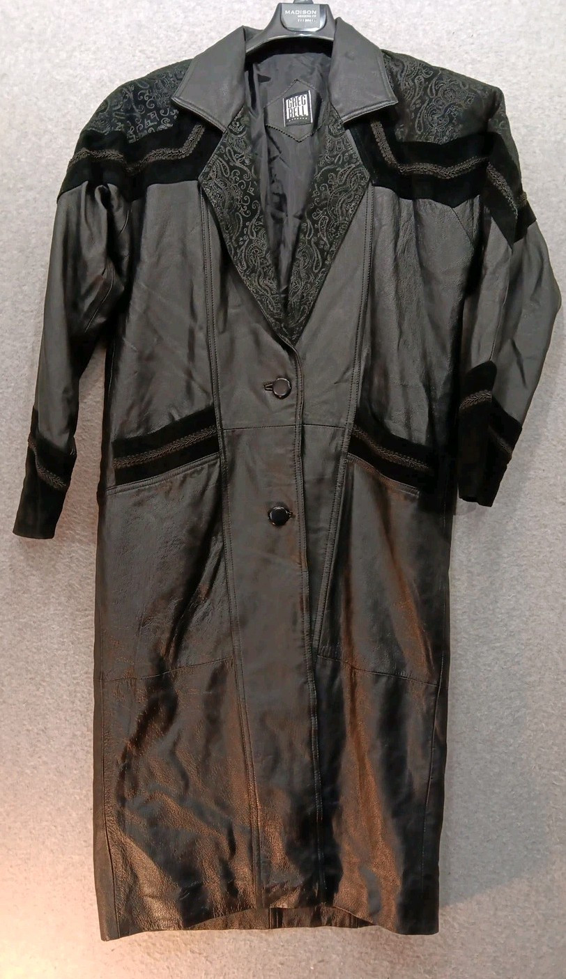 VTG Greg Bell Women’s Leather Trench Coat Size M (44C / 46L) Black Paisley Suede