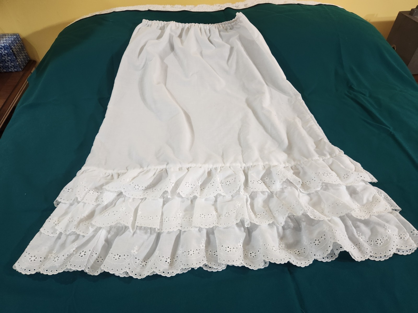 Vintage Handmade Cotton Slip 3 Tiered Eyelet Ruffle 28-38 W-34″ Long Cottagecore