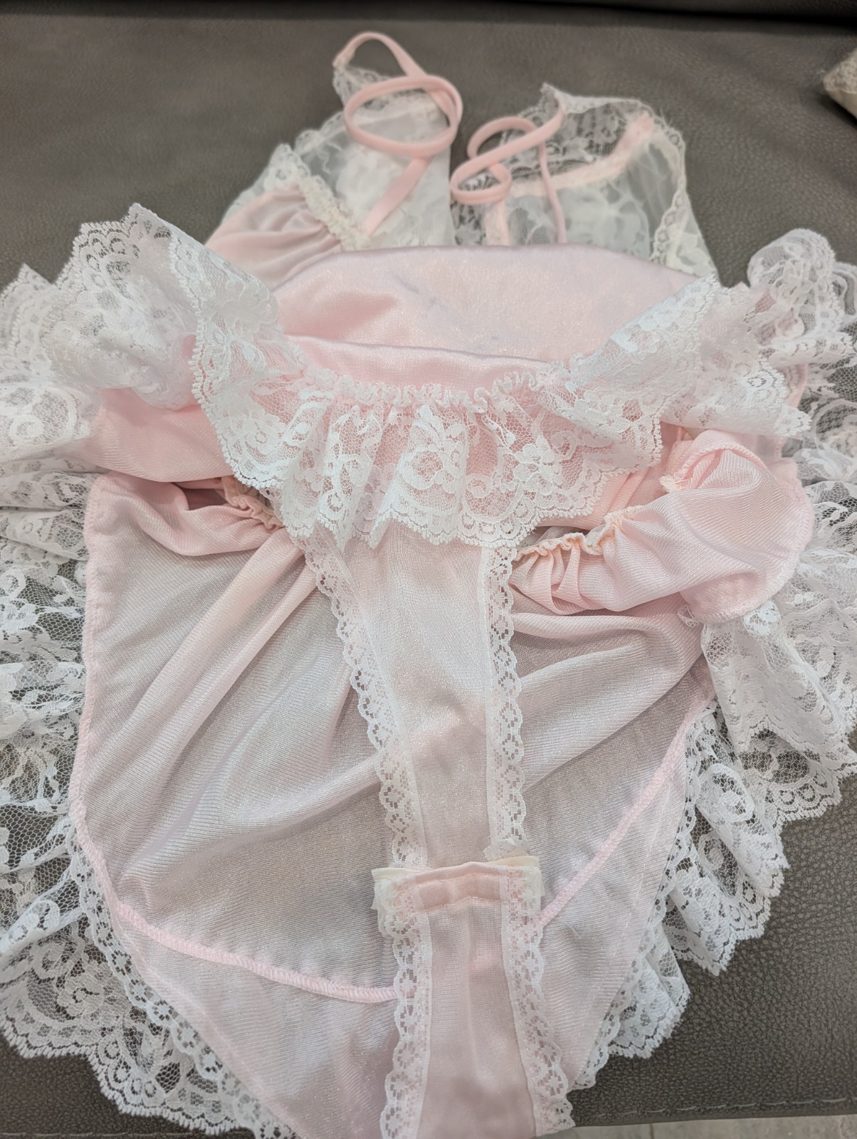 Vintage Pink Lace High Cut Teddy Bodysuit Size Large Sheer Nylon Floral Lingerie