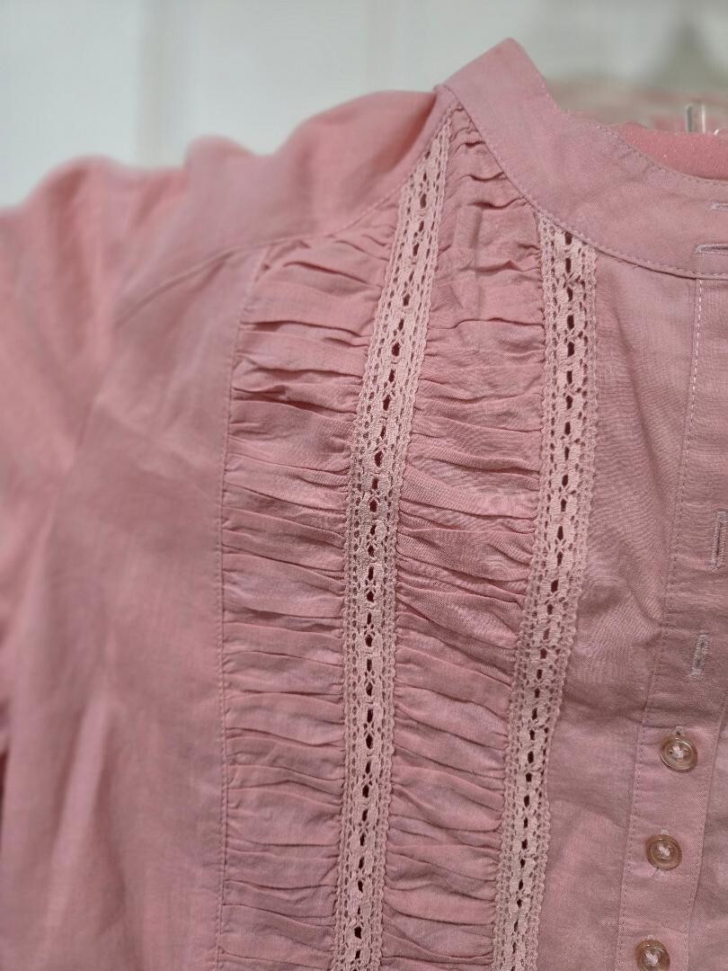 Vtg Neiman Marcus prairie Peasant Blouse Sz SMALL High Button Neck Shirt Ruffles