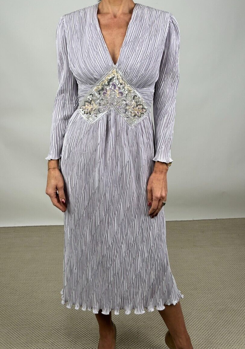 Vintage 1980s Ricki Lang for Nuit Lavender Pleated Dress w/ Sequins and Beading