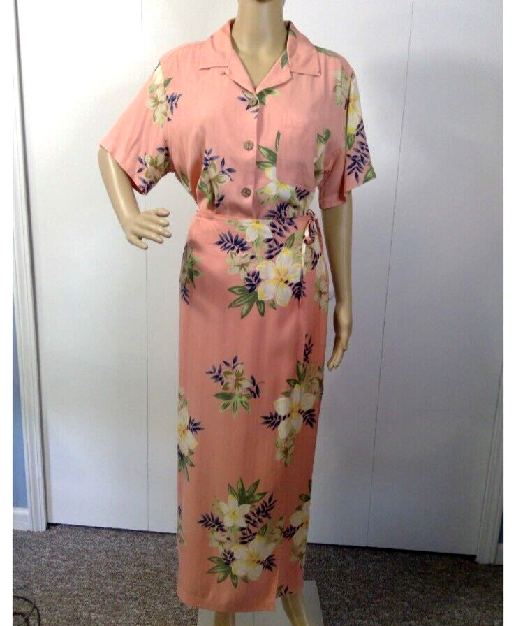 Vintage 80s Kylani Bay Size 14 Hawaiian Blouse Maxi Wrap Skirt Silk Coral