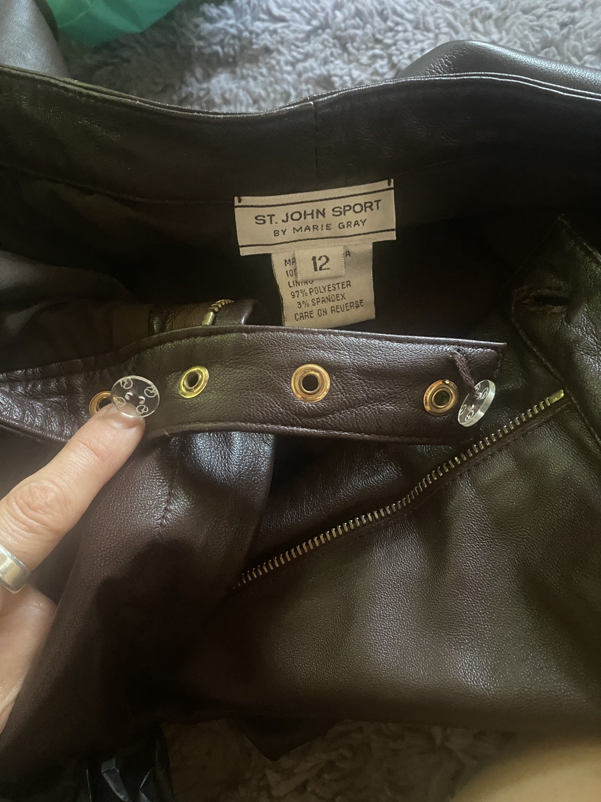 Y2K St John Sport Marie Grey brown leather grommet jacket and pants set Large