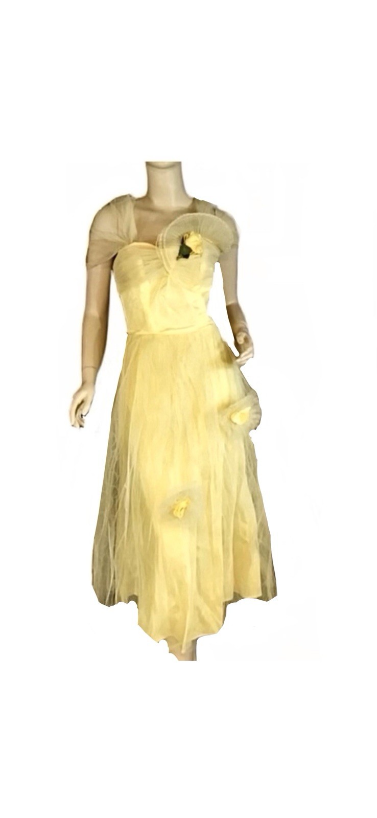 VINTAGE CIRCA 1950’S YELLOW TULLE & TAFFETA PARTY DRESS WITH FLOWER SZ SM