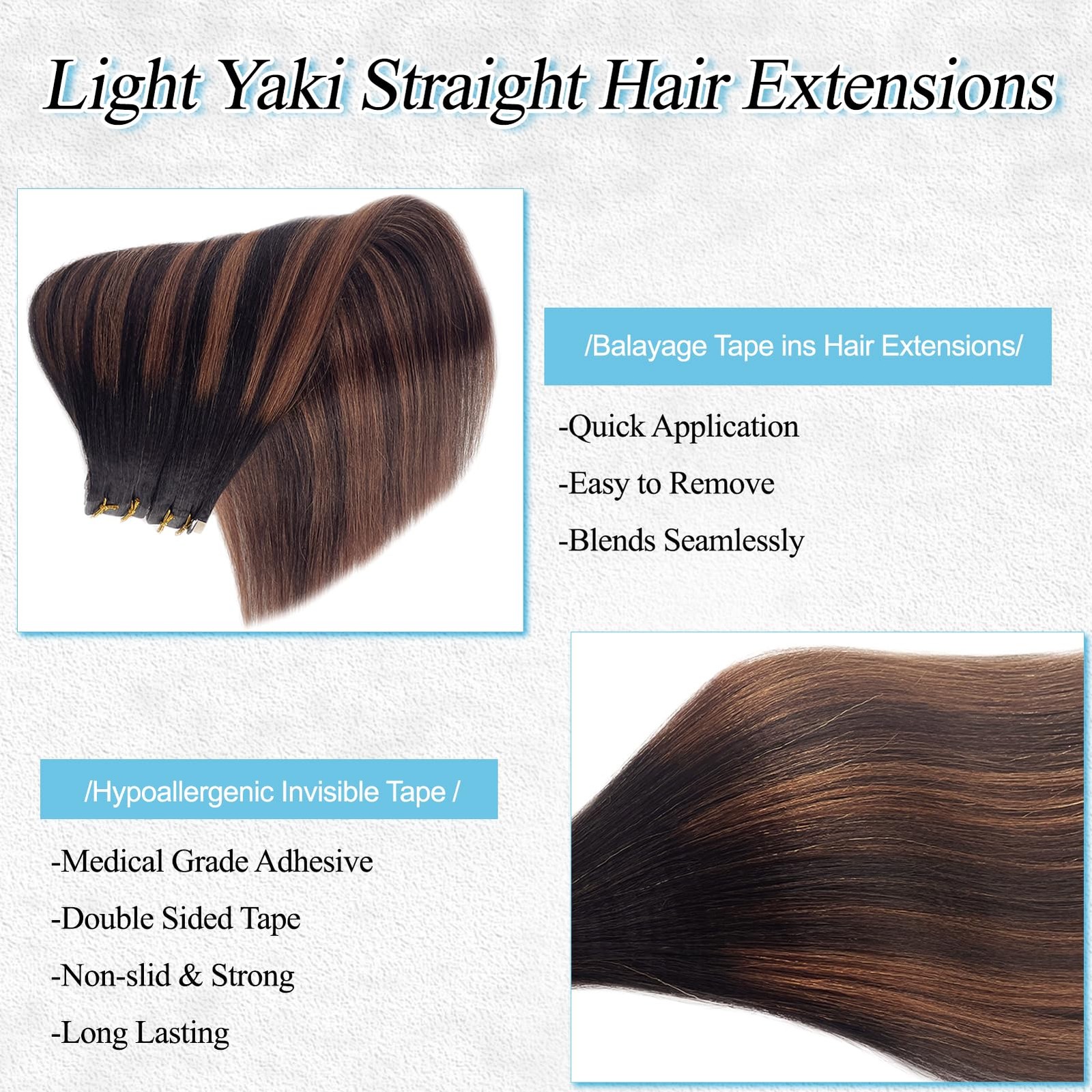 Tape in Hair Extensions Ombre Brown Highlight Light Yaki Straight Real Remy Huma