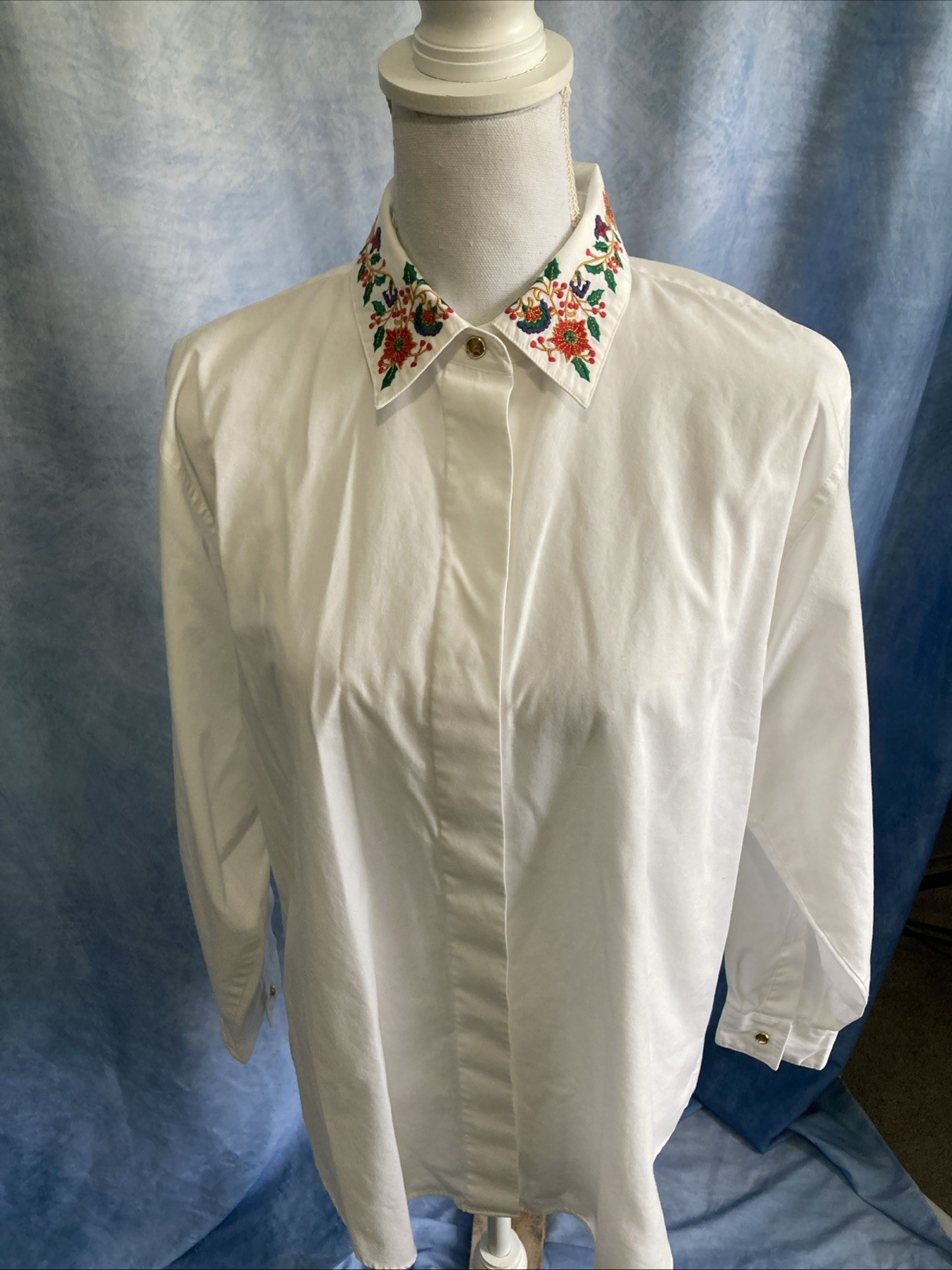 VTG 80s 90s Jacobsons White Embroidered Collar Blouse Christmas Floral Secretary