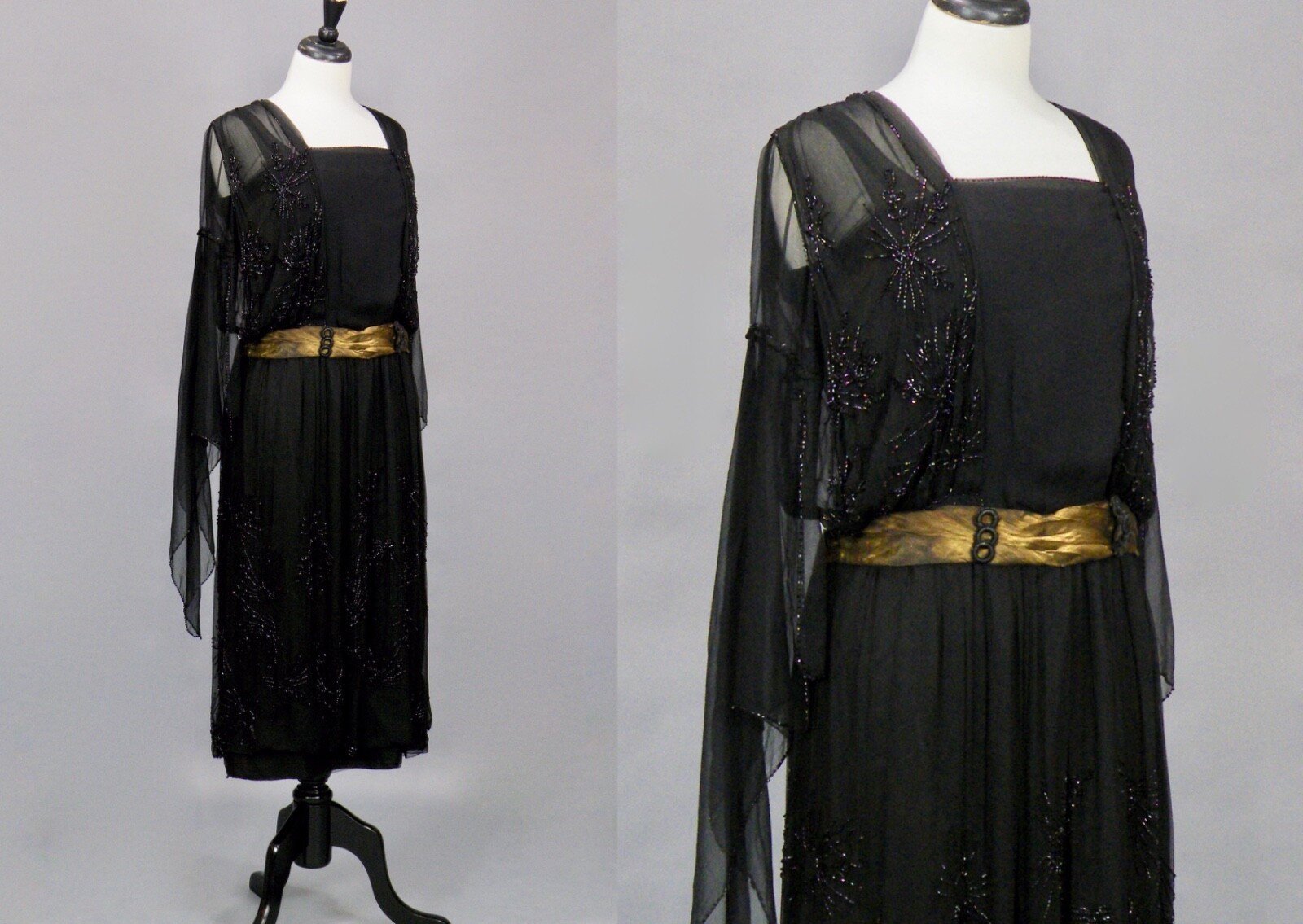 Antique Late 1910s 1920s Beaded Flapper Dress, Angel Wing Sleeves, B. Altman