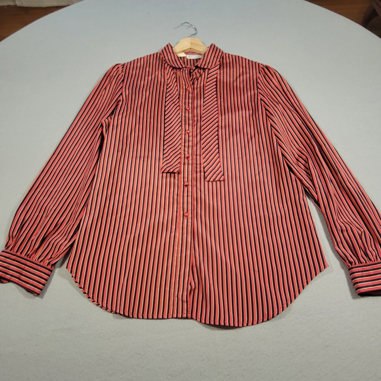 Vintage 80s The Villager Striped Blouse Button Up With Neck Tie Size Large
