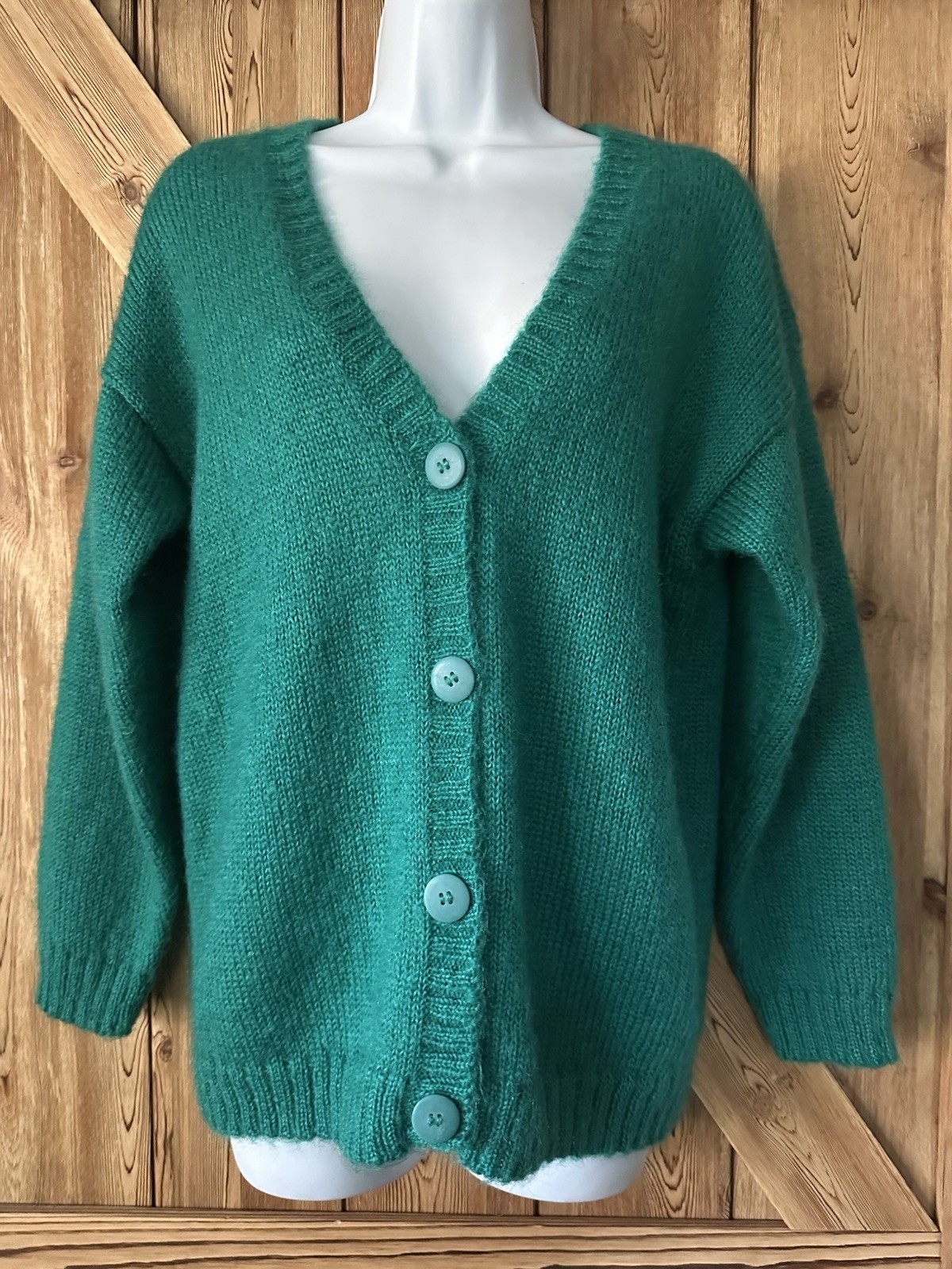 FEMME MODA Petite VTG 80s Green Acrylic Mohair Blend Cardigan Sweater SZ LP EUC