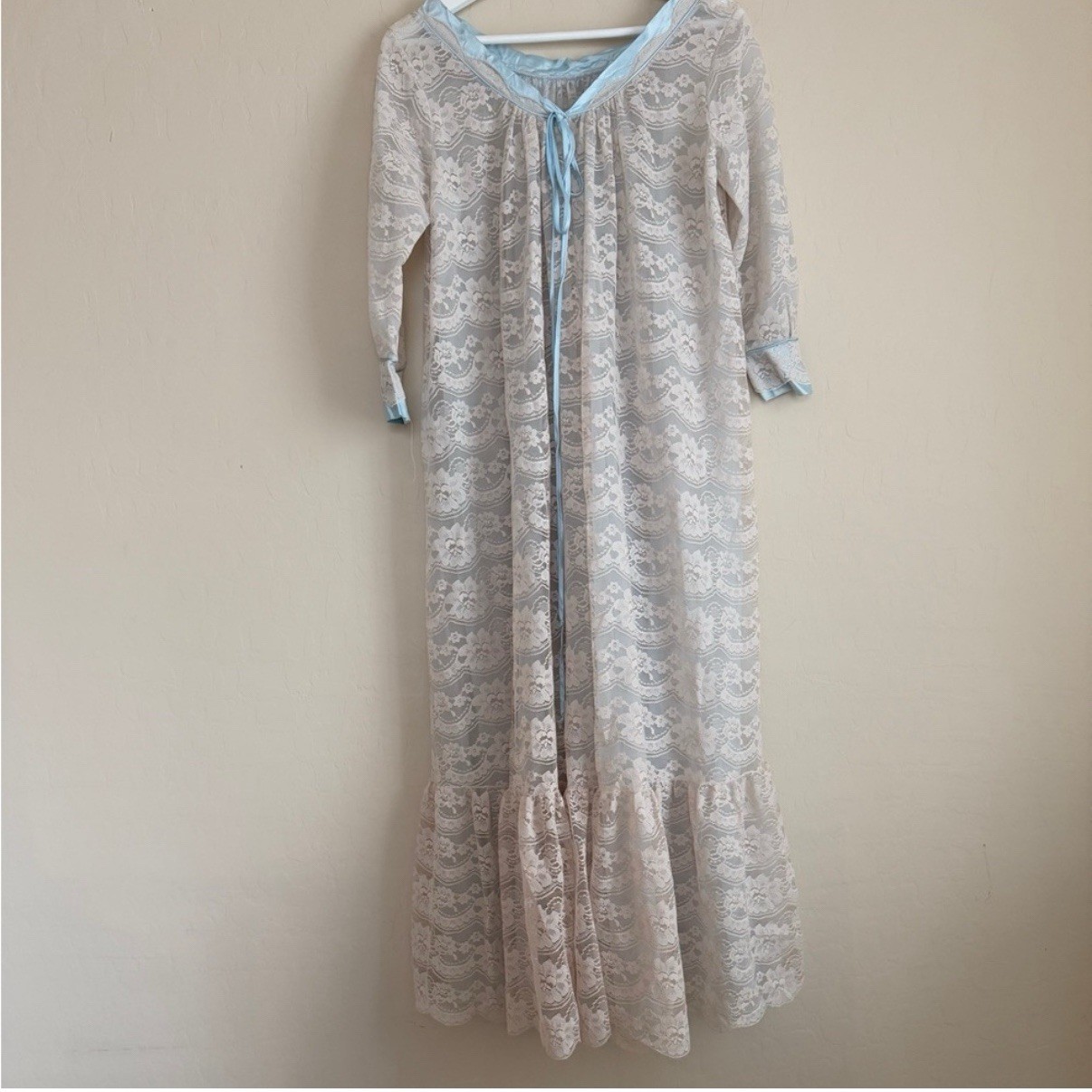 Intime of California Chiffon Nightgown Peignoir Vintage Lace, Baby Blue, Sheer