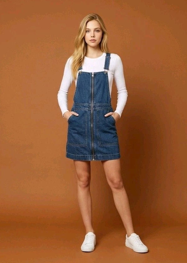 Dickies Girl Vintage Y2K Full-Zip Denim Overall Pinafore Mini Dress Sz Small