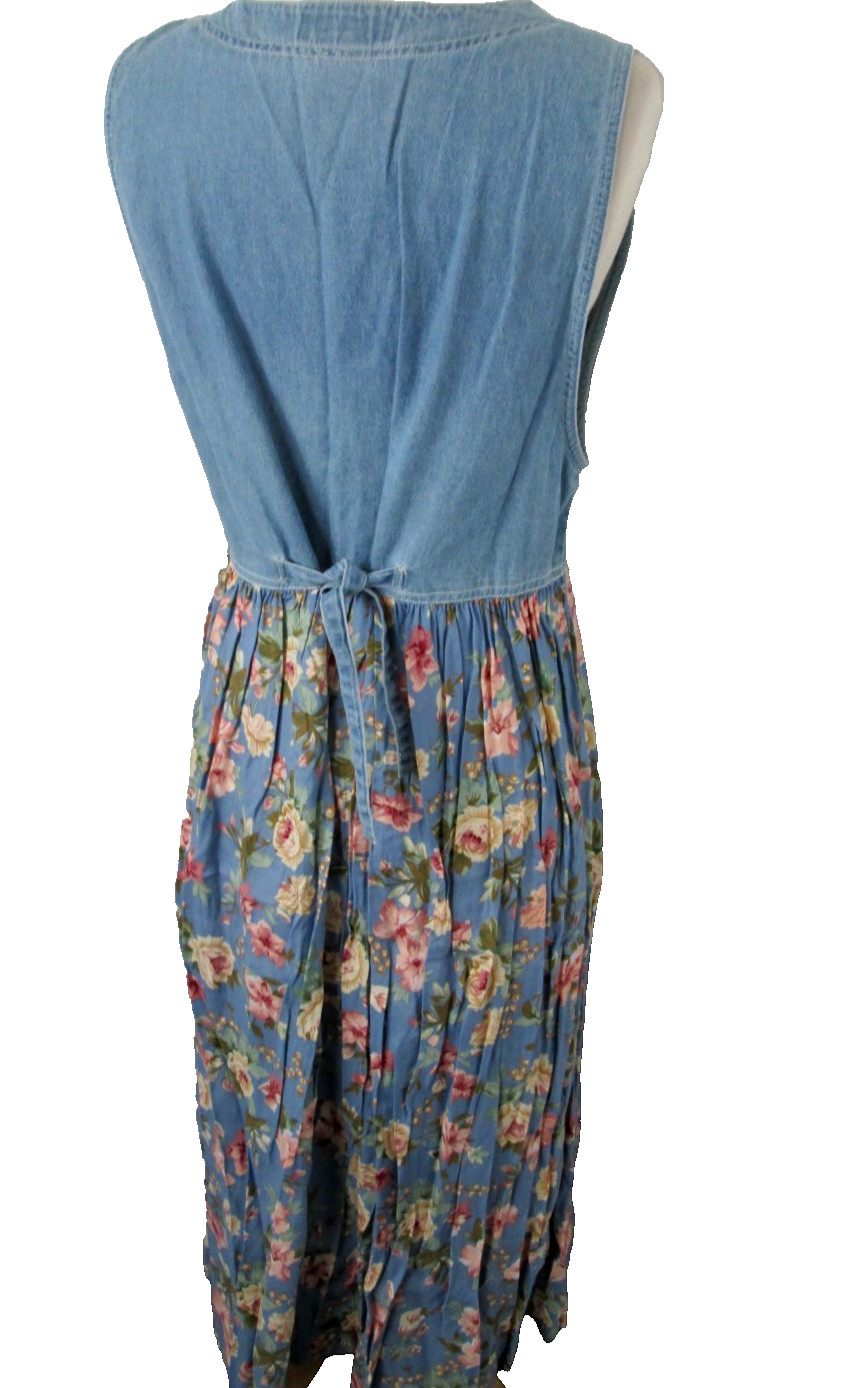 Vintage 80s Cowgirl Prairie Denim Vested Floral Midi Dress Women’s L