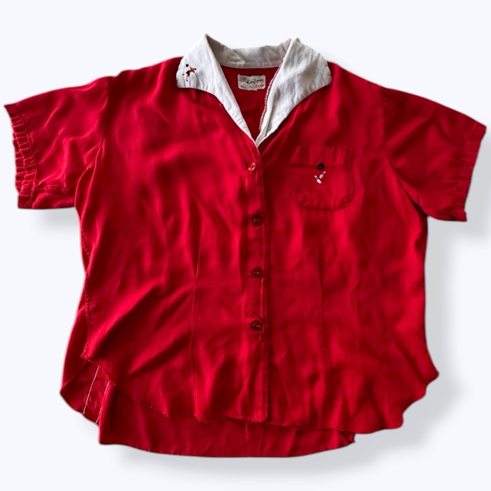 Vintage King Louie Bowling Shirt Rayon 50s Red Chain Stitch Pins Womens Medium