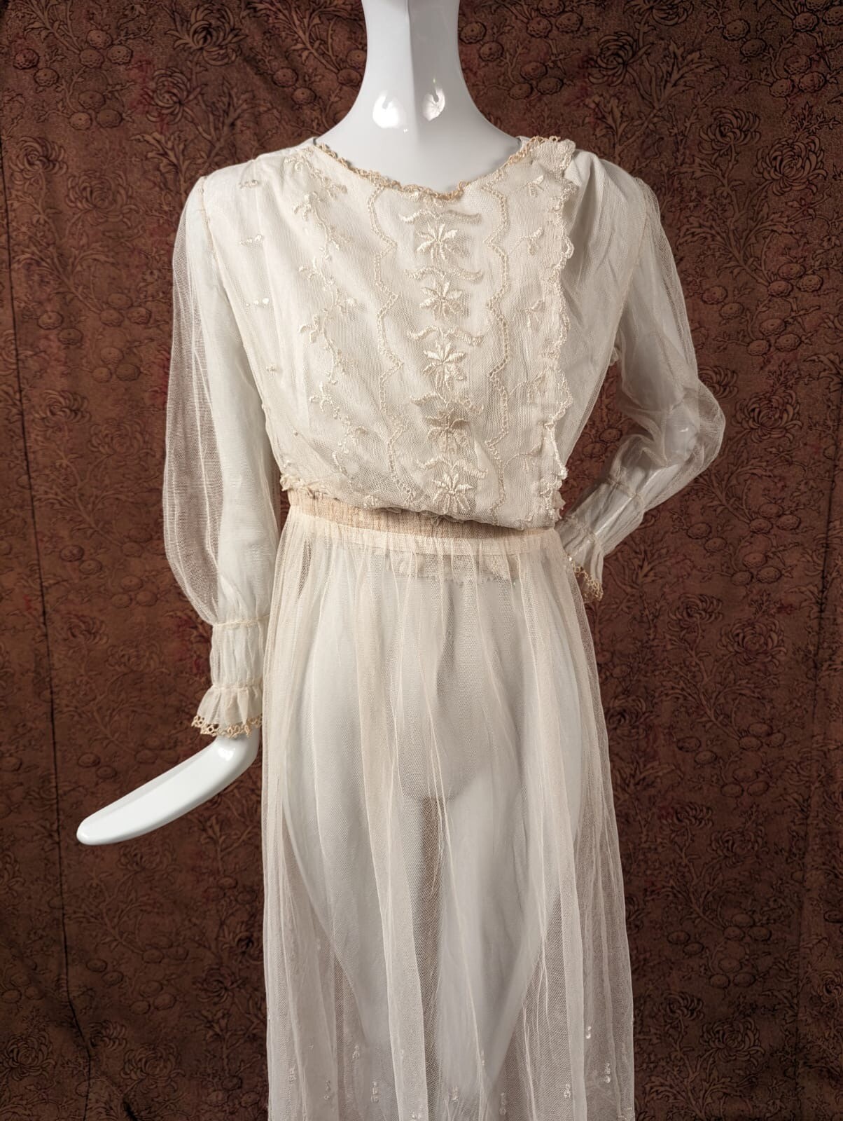 EDWARDIAN EMBROIDERED NET TEA DRESS W NET SLEEVES + RUCHED CUFFS