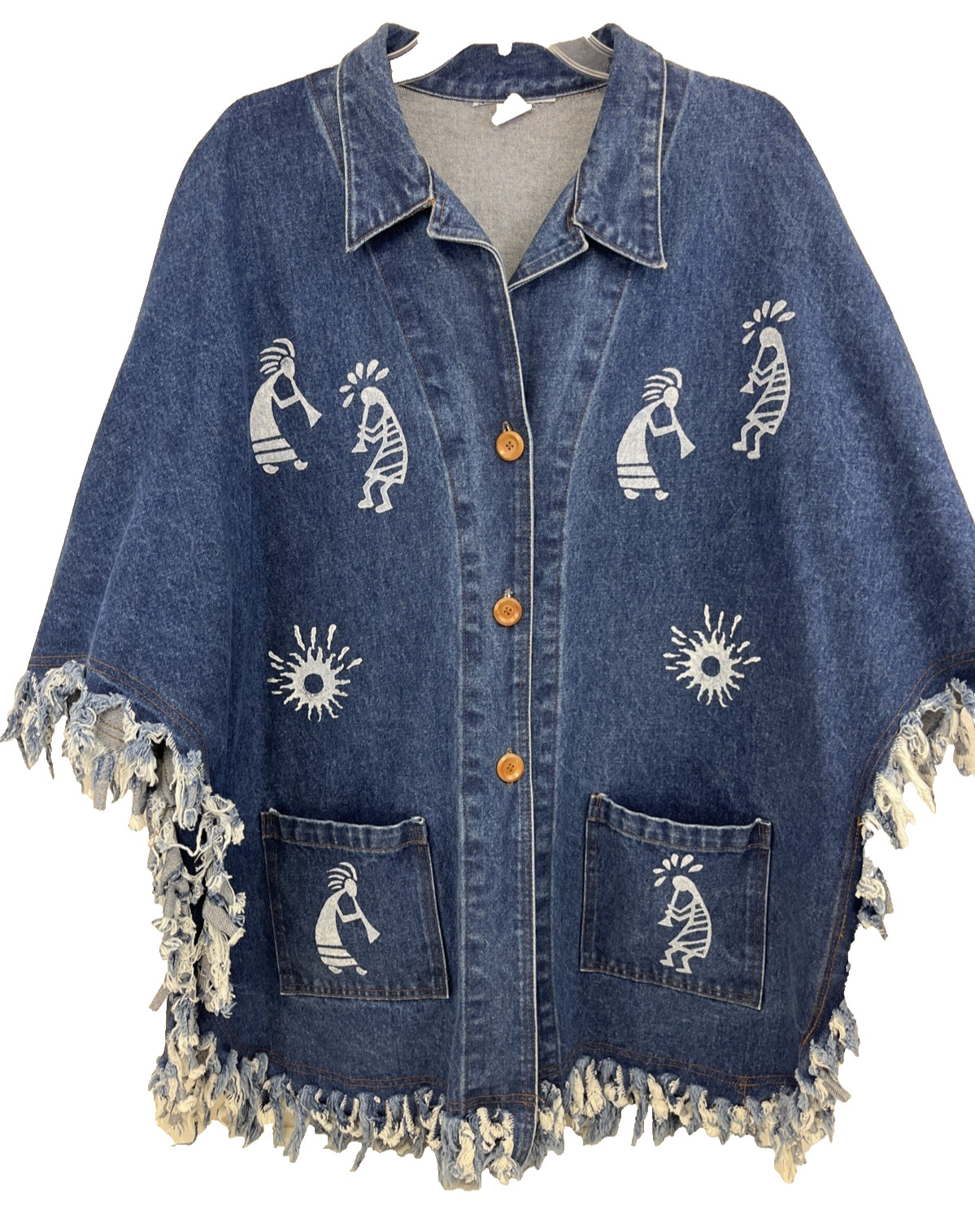 RAMA of USA Denim Jean Jacket VTG Size M Kokopelli Fringe Oversized Y2K Pockets