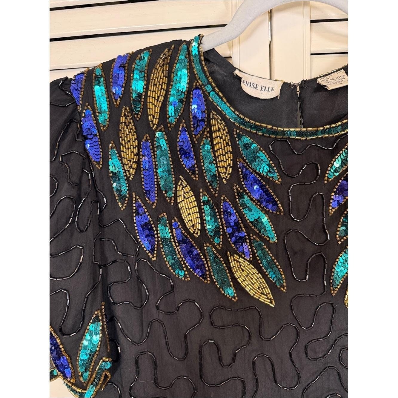 Vintage 80s Denise Elle Silk Beaded Sequin Peacock Blouse – Large