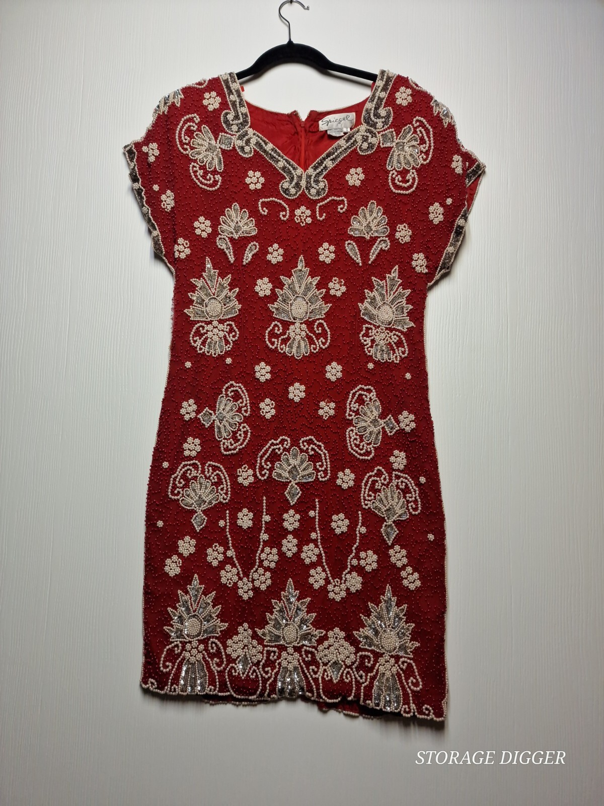 Vintage Spiegel Red And White Women’s Dress Pearl Beaded 100% Silk Size 18