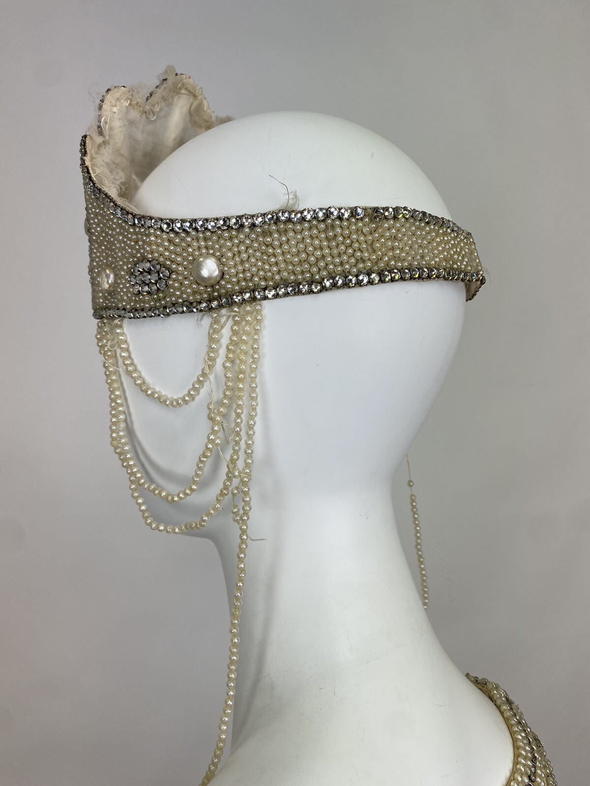 Real Antique 1920s Flapper Wedding Gown Train Headpiece Pearls Rhinestones