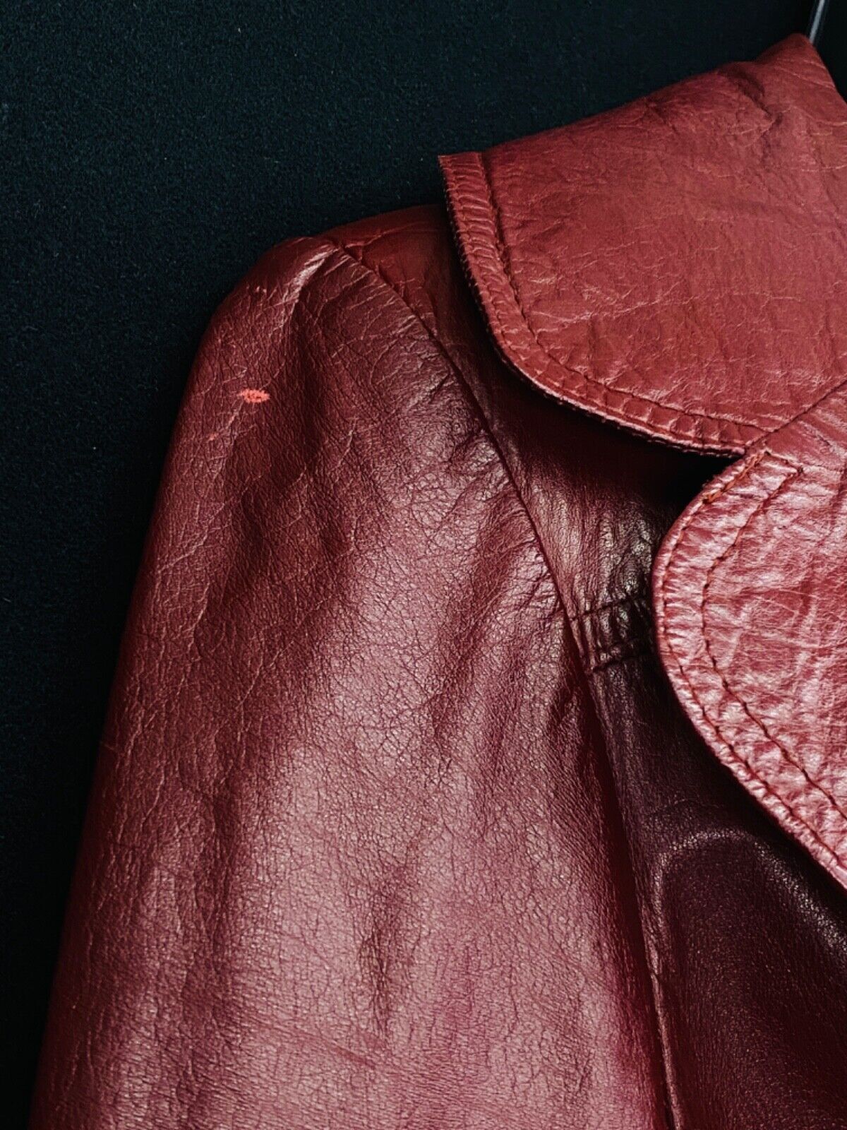 Vintage 1970s red leather jacket, genuine dark ox blood boho brown wrap trench M