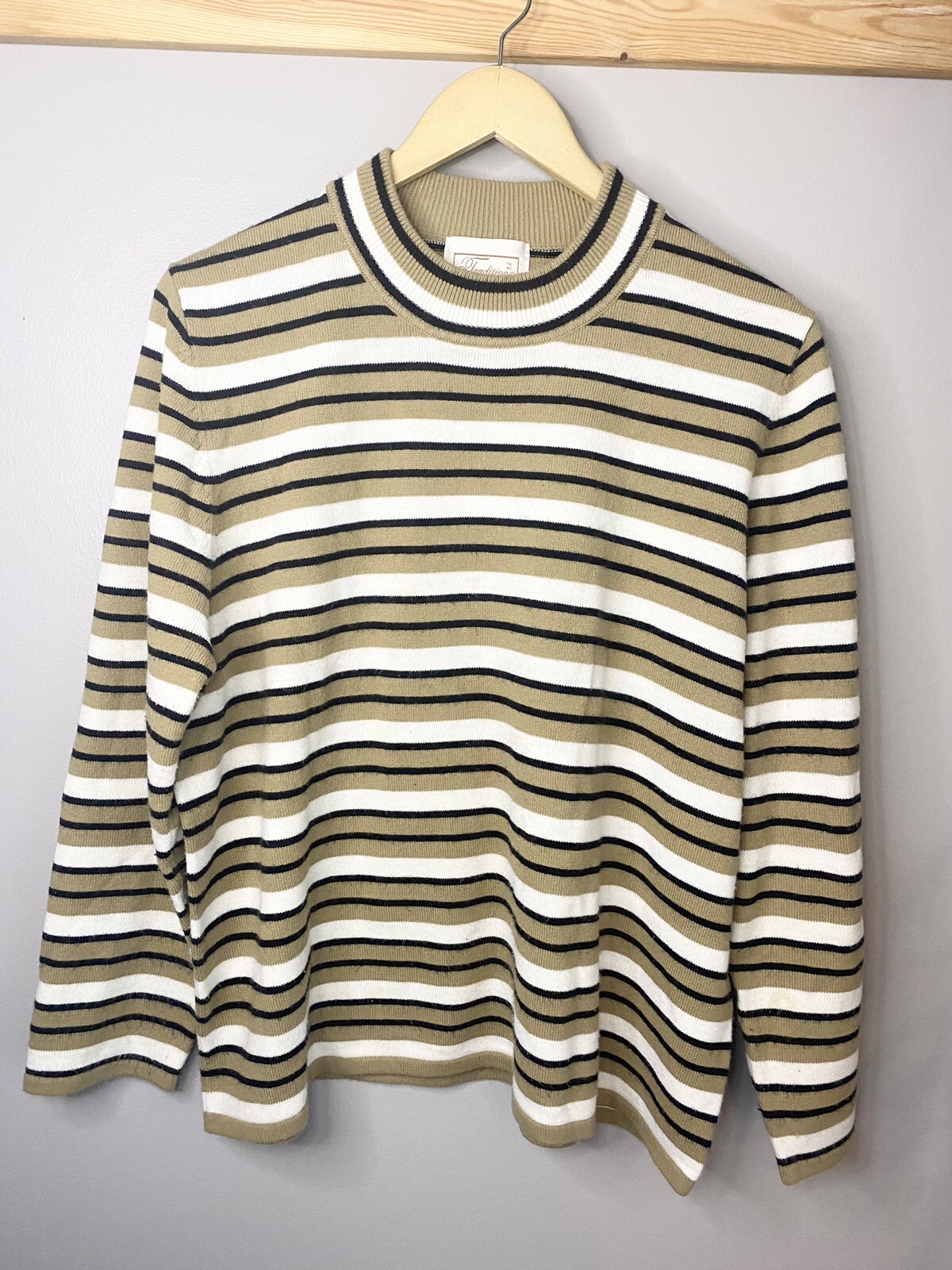 Vintage Sweater Mock Neck Contemporary Style Striped Tan Woman’s Casual Wear