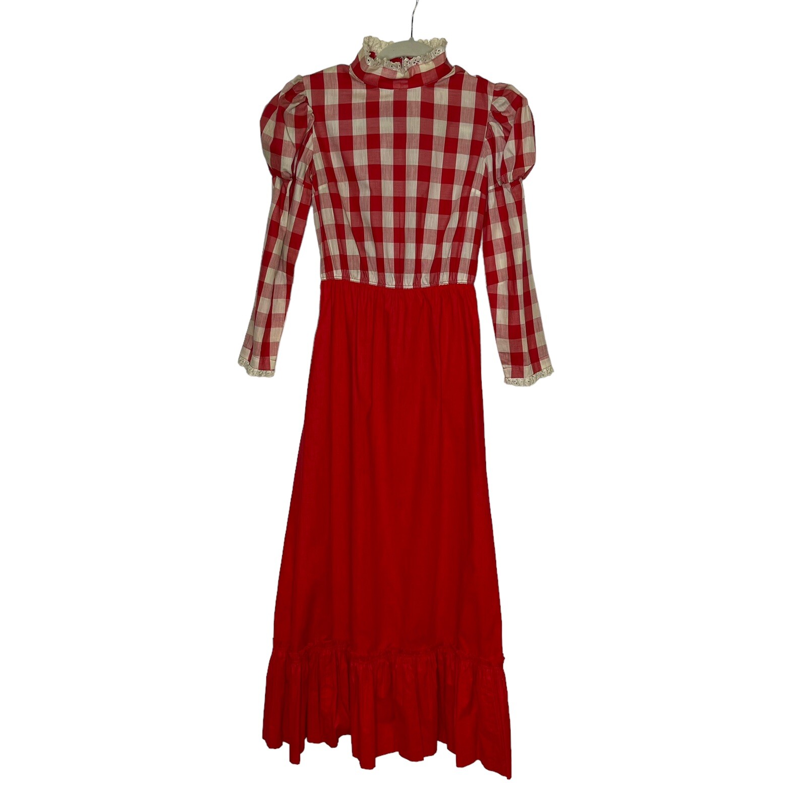 Vintage Handmade 60s 70s Prairie Maxi Dress CottageCore Lace Red Check Size XS/S