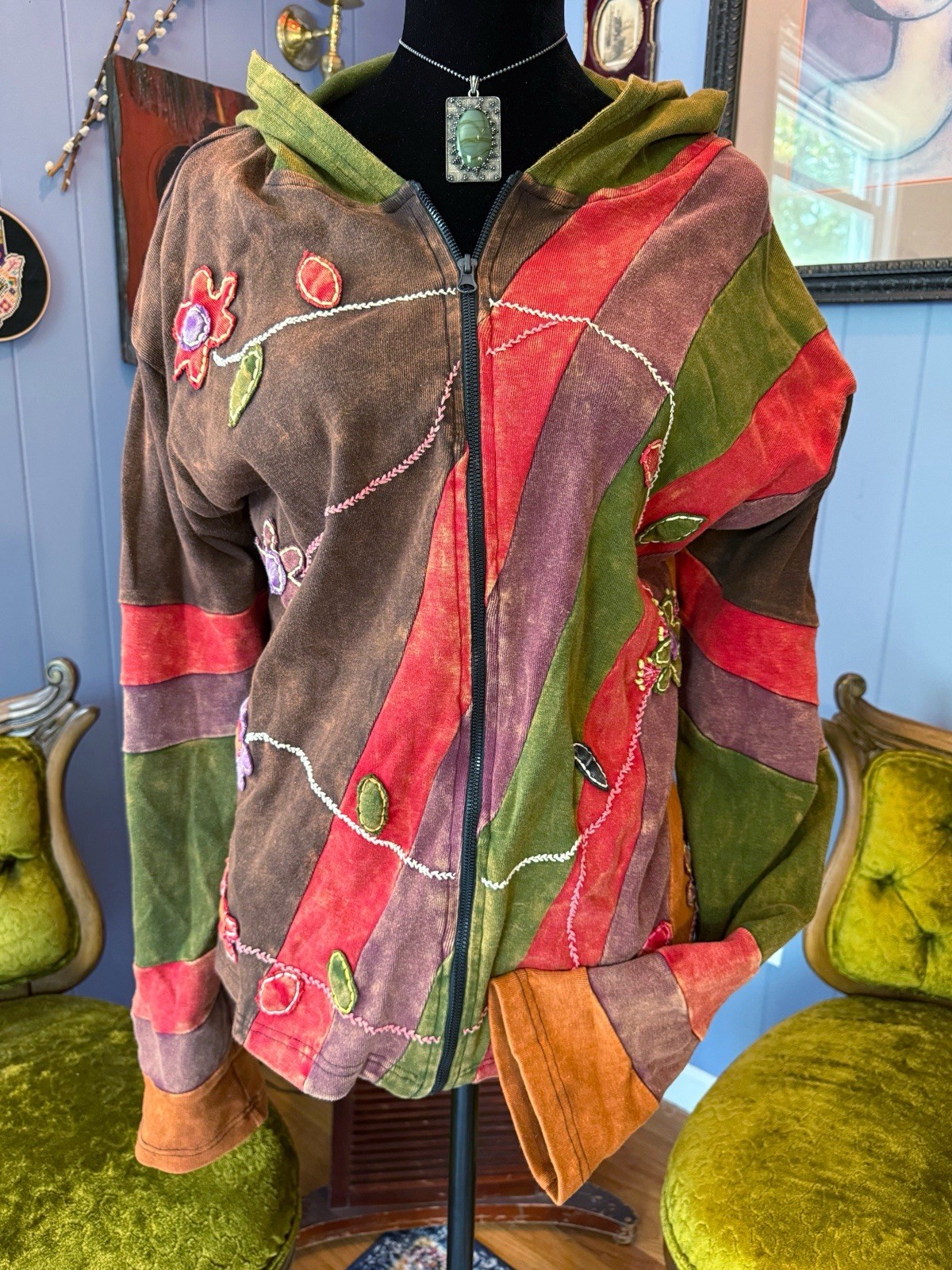 Vintage Rosing International Nepal Boho Hippie Fairy Goblincore Patchwork Hoodie