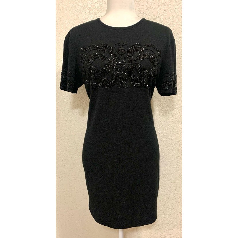 Nina Patrick Vintage 80s/90s Black Beaded Sweater Dress Women’s M