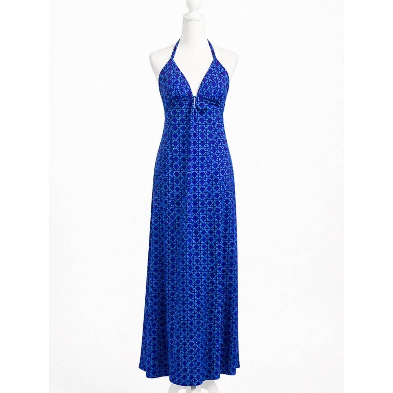 Elizabeth Stewart Purple Blue Geometric Halter Maxi Dress Slit Vintage XS S