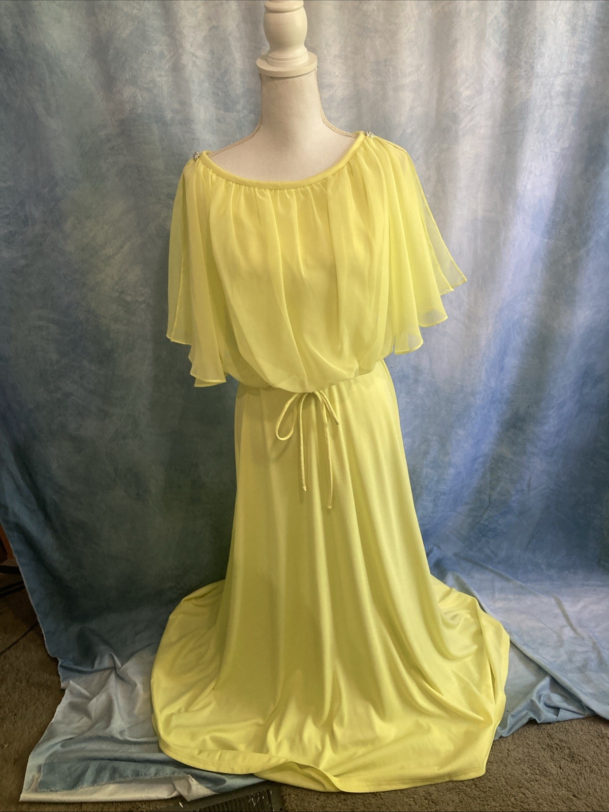 Vtg 70s Grecian Disco Maxi Dress Neon Yellow Chartreuse Chiffon Overlay Gown XS