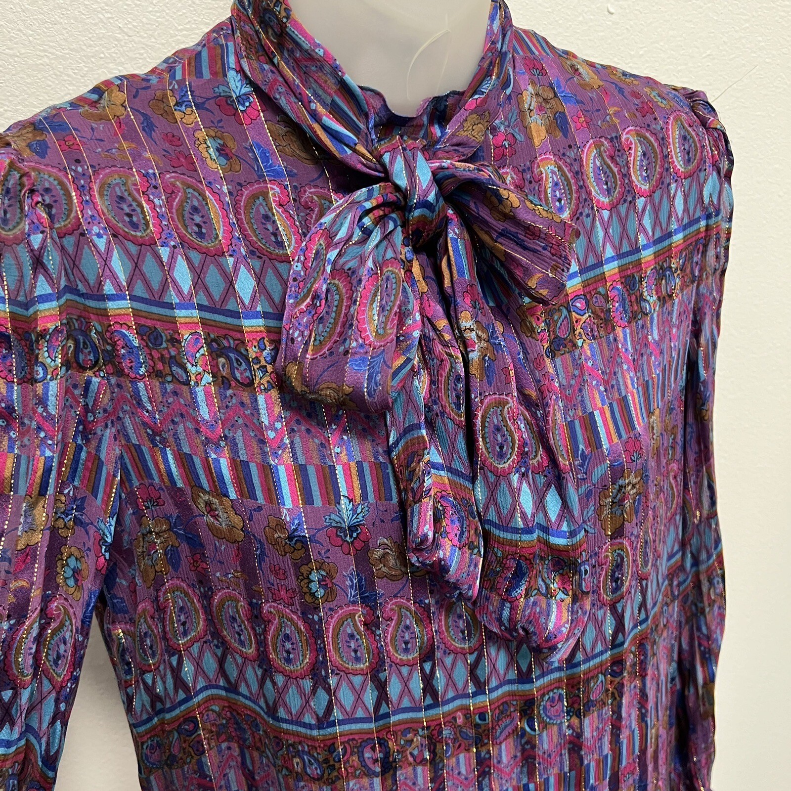 Vintage Umi Collection For Anne Crimmins Pussybow 100% Silk Purple Print Dress