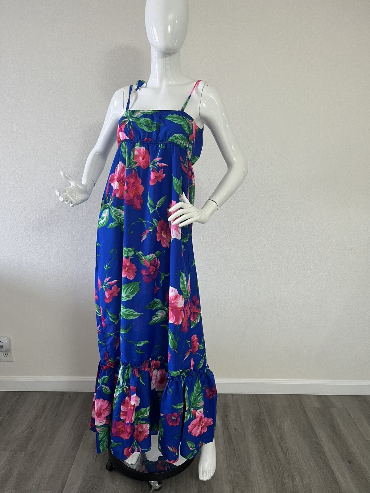 Vintage Pomare Hawaiian Halter Maxi Dress Empire Waist Ruffle Floral Long Sz S-m