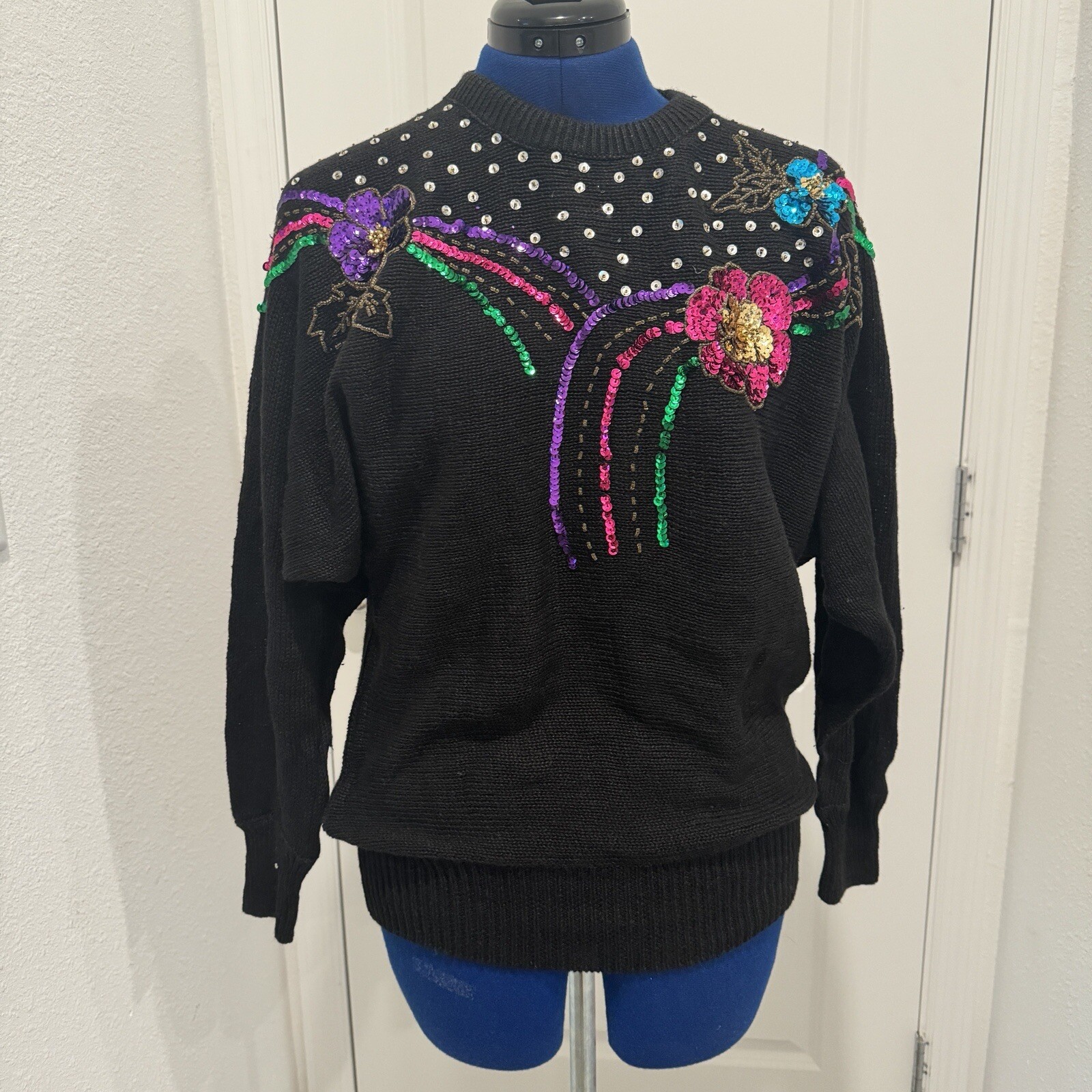Vtg 80s Women’s Sequin Beaded Flower Black Fancy Sweater Pullover Size Medium