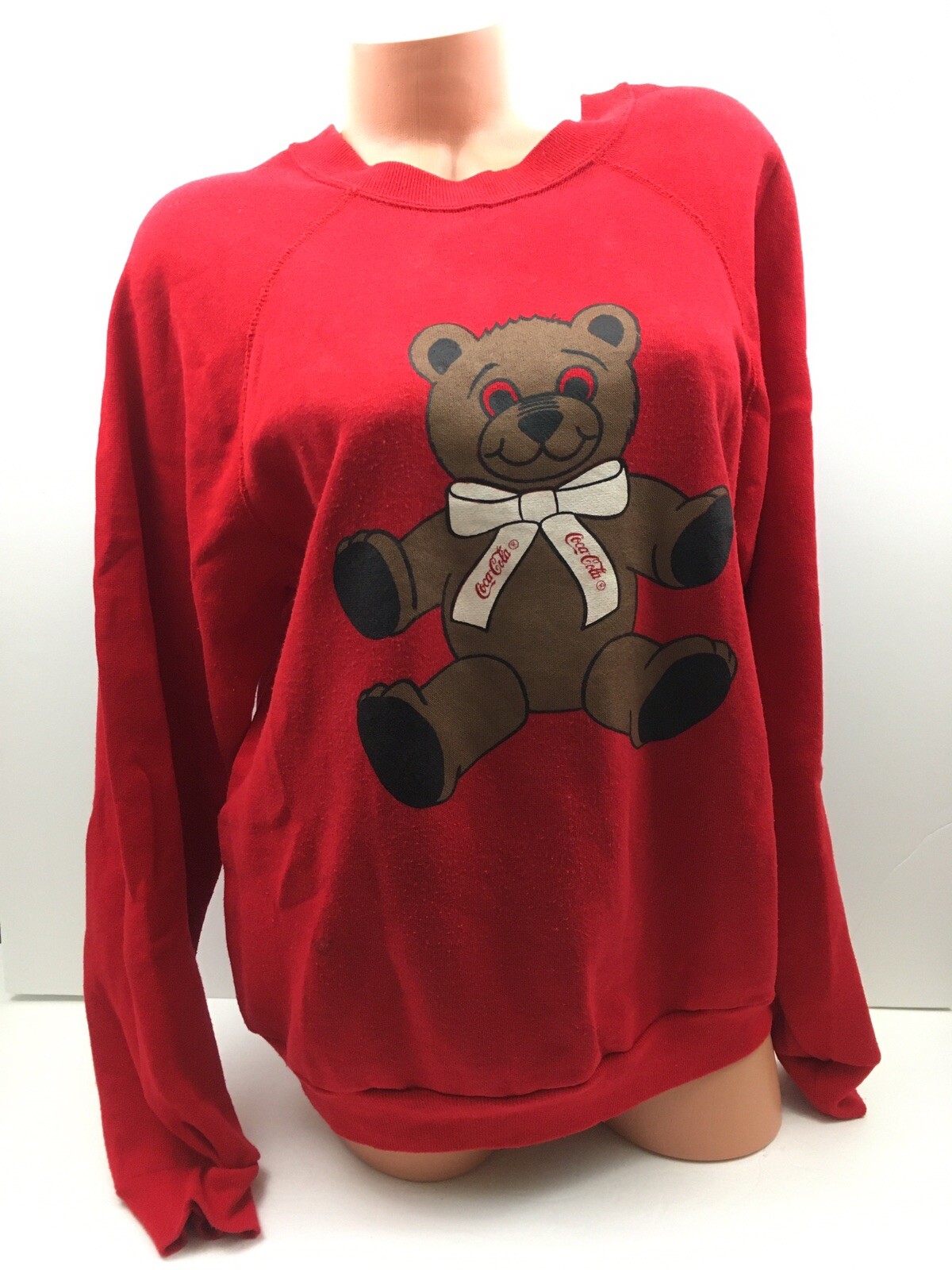 Vtg 80s Coca Cola Teddy Bear Sweatshirt Coke Pullover Sweater USA Red Adult Sz L