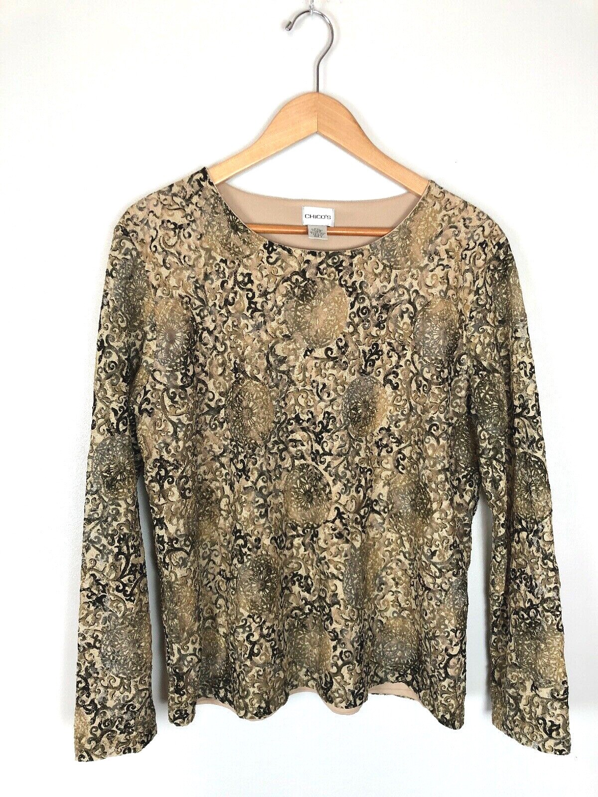 Vintage Chico’s Beige And Gold Shimmer Blouse, Size 14/16