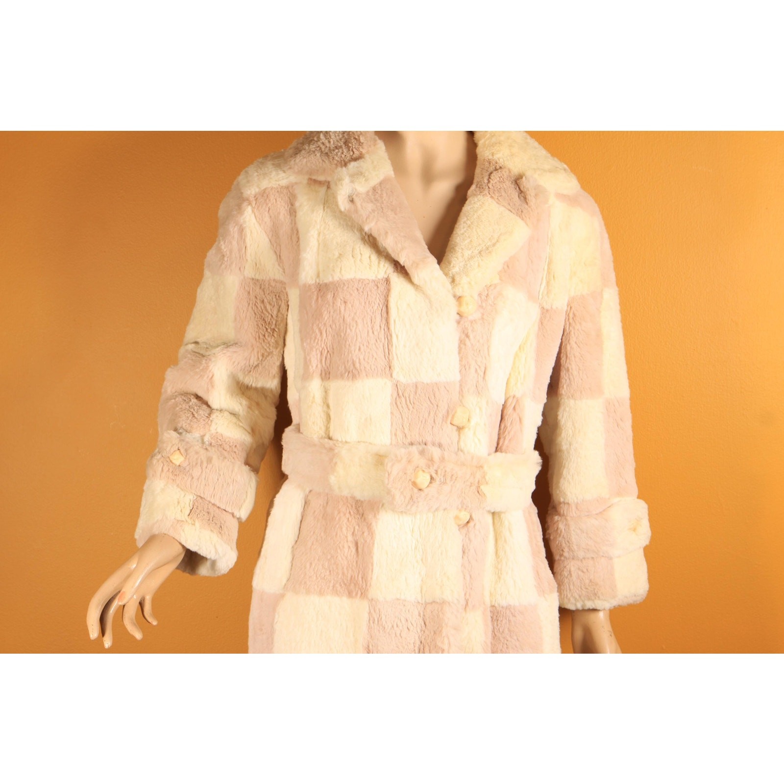 1960s Light Pink and White Sheared Dyed Chinchilla Fur Checkerboard Coat