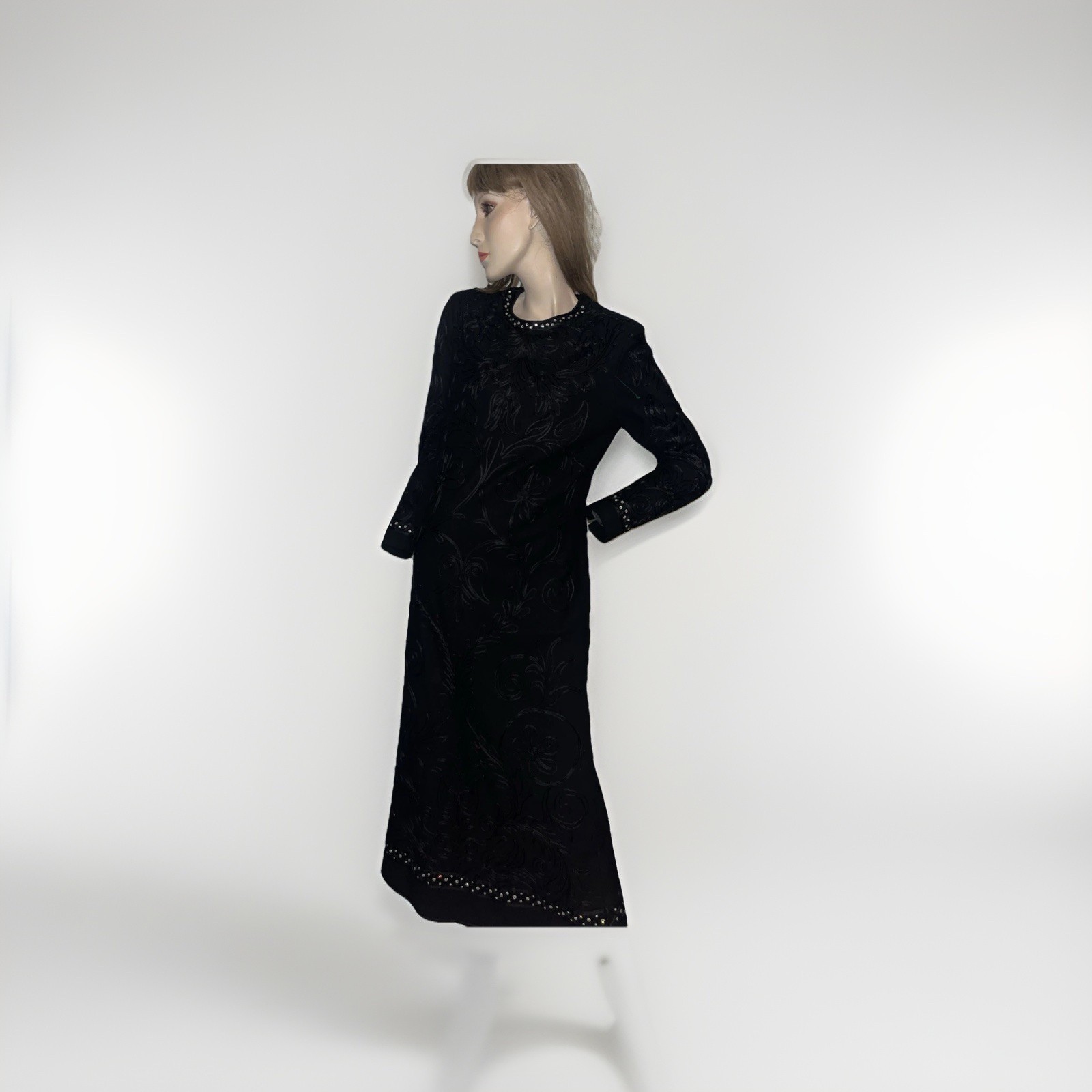 Mr. Blackwell vintage Embroidered Soutache Rhinestone Long Black Party DRESS