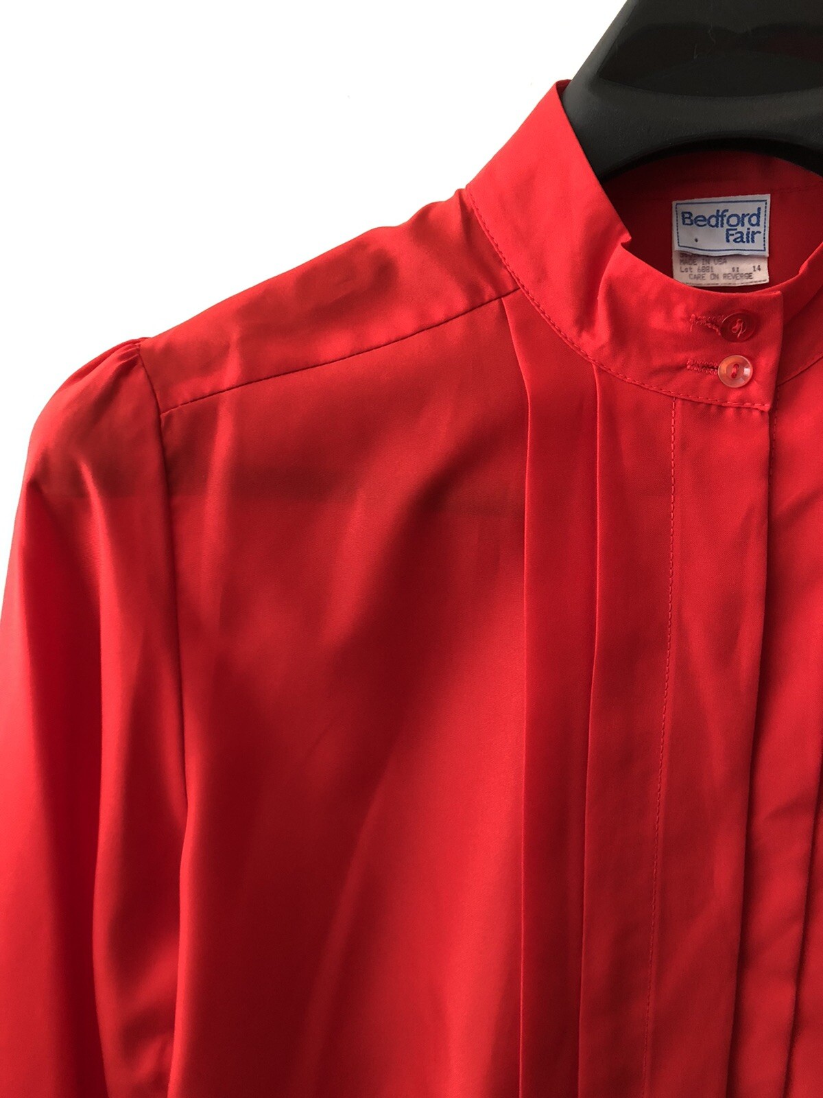 Vintage ’80s Bedford Fair Bright Red Secretary Blouse with Front Pleats L XL 14