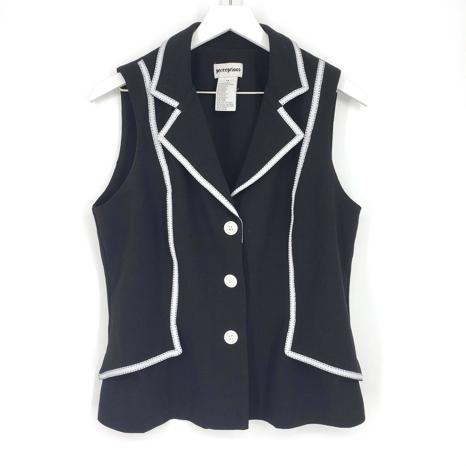Vintage Perceptions Size 14 Black 3-Button Front Grosgrain Ribbon Detail Vest